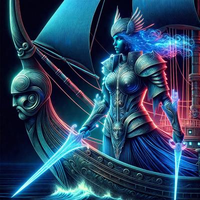 The primary subject of the image is a woman dressed in a medieval-style armor, standing on a boat. The setting is a dark, blue-toned environment, possibly a night scene. The visual style is a digital art or illustration, with the woman's armor and the boat's design being the main focus. The colors and mood of the image are dark and mysterious, with the woman's armor and the boat's design creating a sense of power and strength.